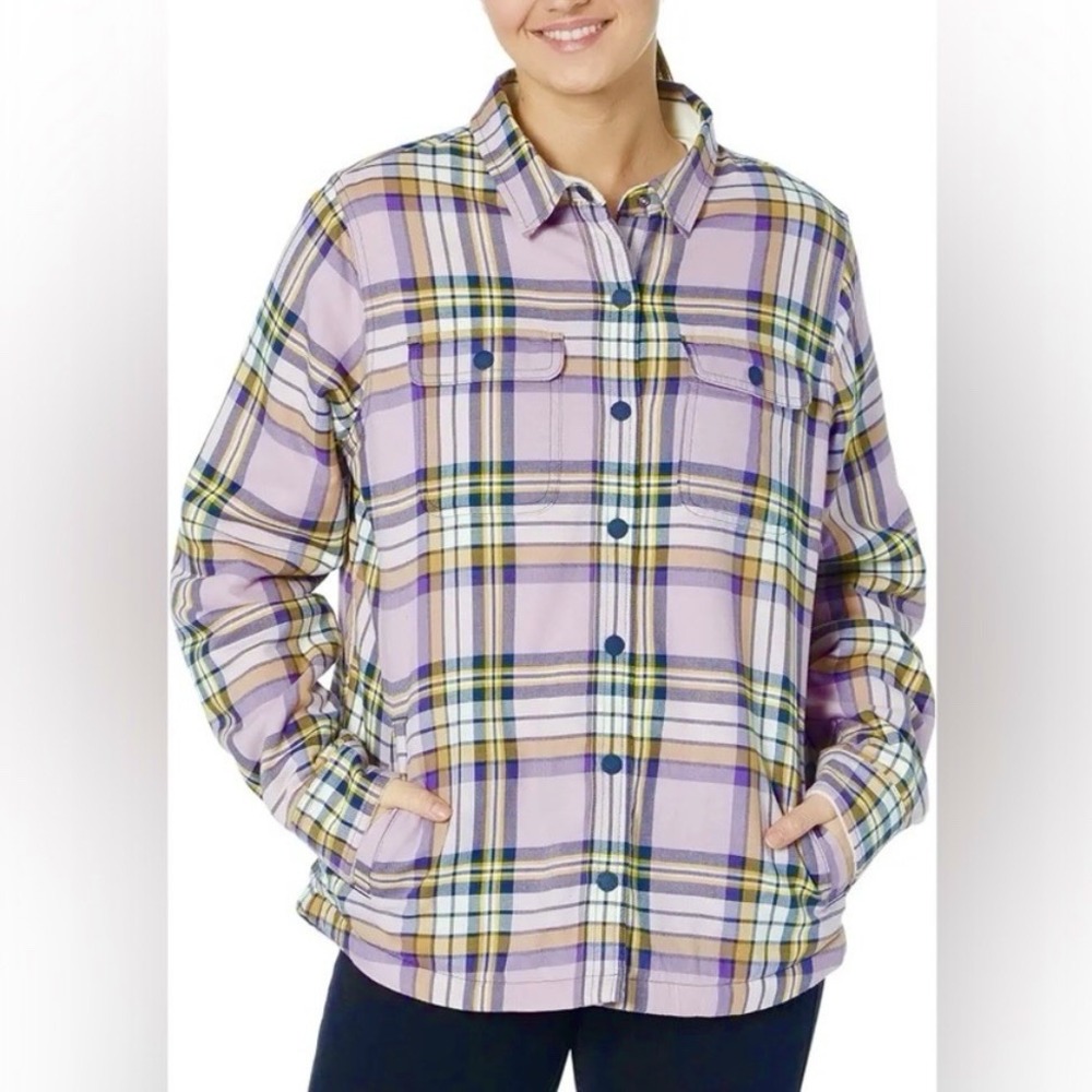 LL Bean Pink Plaid Sherpa Lined Flannel Snap Shirt Jacket Shacket MECIUM PETITE